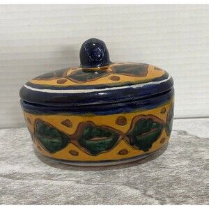 Vintage Talavera Covered Trinket Dish Bowl Mexican FOLK ART POTTERY Oval 5”x 4”
